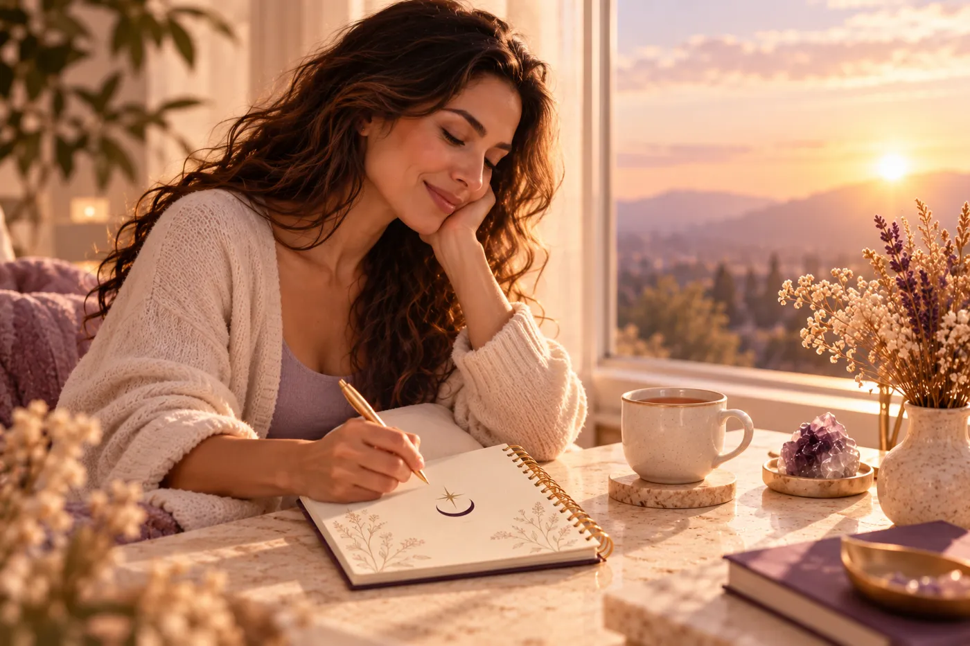 Mujer escribiendo en su Bitácora de Milagros al amanecer