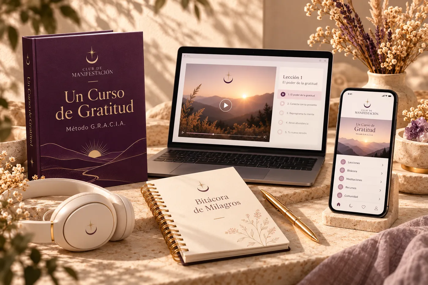 Kit del curso: libro Un Curso de Gratitud, laptop con lecciones, celular con la app, Bitácora de Milagros y audífonos